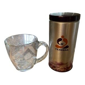 Teavana/Starbuck's) Silver and Purple Tea Canister & Large Glass Mug, Engraved.